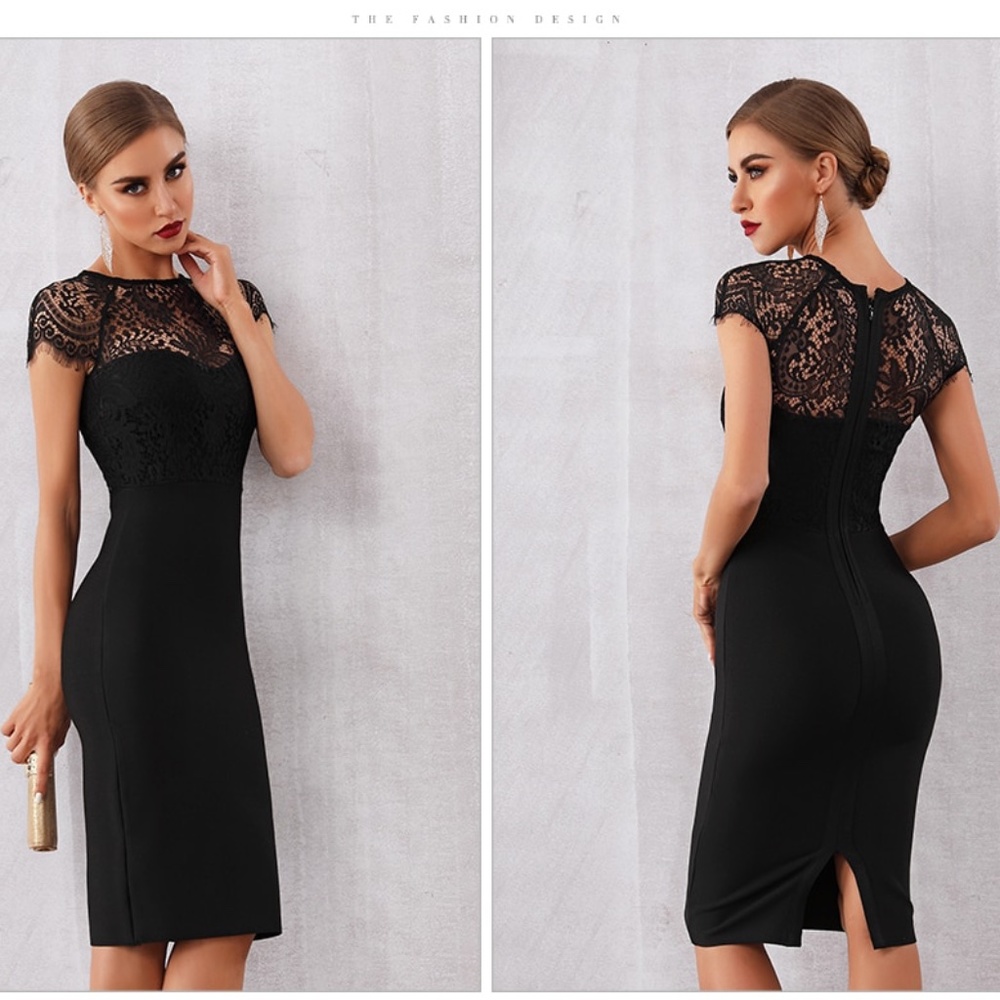 Bandage Lace Detail Bodycon Midi Dress in Black - Picture 5 of 16
